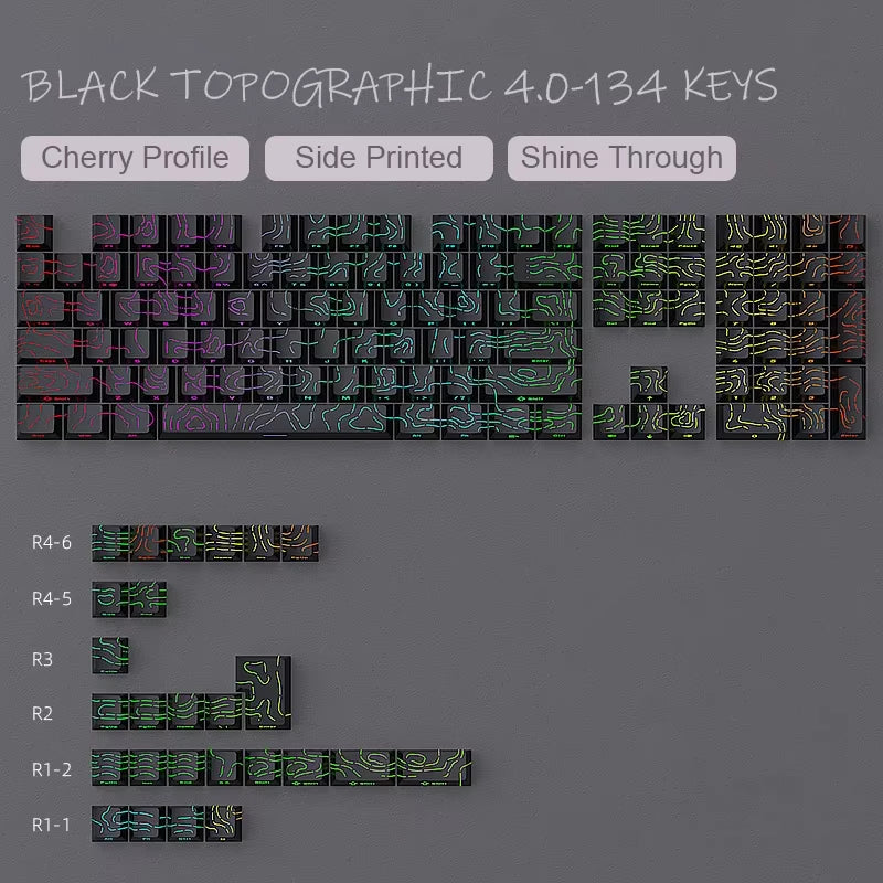 New Topographic Keycaps 4.0 Version Shine through 98 Key PBT Cherry Profile Side Print Backlit for MX Gamer Mechanical Keyboard